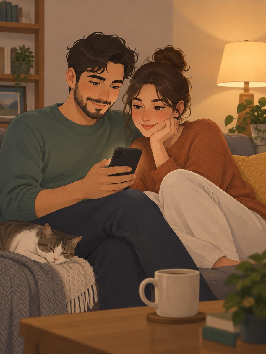 Illustration of two people on a sofa looking at a phone